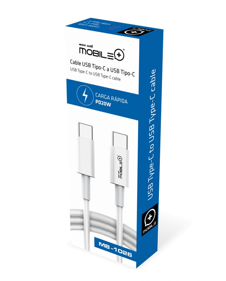 Cable USB Tipo-C a USB Tipo-C, longitud cable: 1 m. Carga Rápida PD20W. MOBILE+ MB-1026
